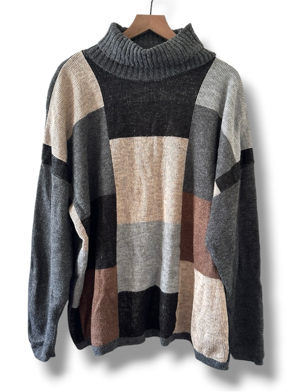 Vintage 80s Cos Cob Turtleneck Colorblock Ribbed Knit Gray Sweater Women’s 1X/2X